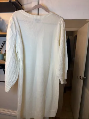 New York & Company Cream V-Neck Cable-Sleeve Sweater Dress thumbnail 5