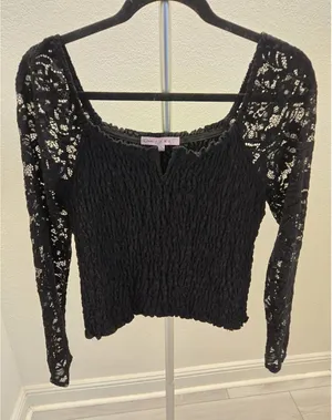 ​Crave Fame Y2K Black Smocked Lace Long Sleeve Notched Neck Boho Top Size XL thumbnail 1