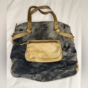 Schuler & Sons ANTHROPOLOGIE Tie Dyed Cotton Blue Canvas & Tan Leather 18" Bag thumbnail 1