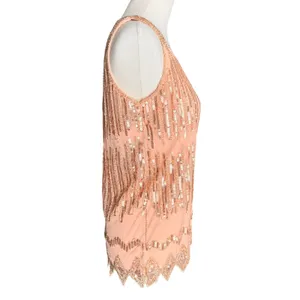PrettyGuide Rose Gold Sequin Flapper Tank Top Sleeveless Mesh Scalloped Hem S‎ thumbnail 3