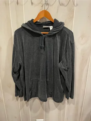 Liz Claiborne Cute charcoal gray velour soft casual herringbone hoodie sweatshirt pocket thumbnail 5