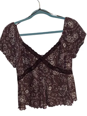 La Pêche Y2K Floral Lace Trim mesh Blouse poof Sleeve Fairy coquette cottagecore thumbnail 4