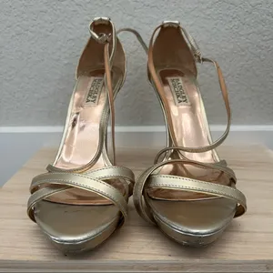 Badgley Mischka Gold Strappy Formal Stiletto Heel Sandals‎ 8 thumbnail 5