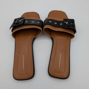 Anthropologie‎ Women Tan Black Leather Buckle Slide Sandals Square Toe Size 37 thumbnail 6