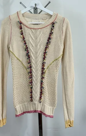 Anthropologie Angel Of The North Sweater Size S Ivory Knit Fringe Boho Crochet thumbnail 1