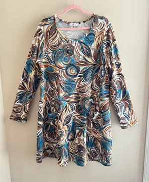 ARYEH‎ 60s/70s Inspired Boho Abstract Floral Print Long-Sleeve Knit Shift Dress thumbnail 1