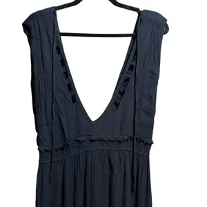 Free People Black Wide Leg Jumpsuit Deep V Neck Boho Flowy‎ Silhouette Sz S thumbnail 6