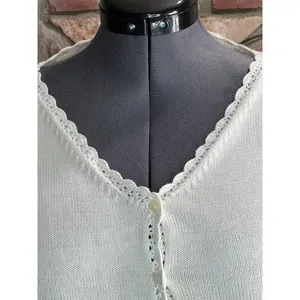 cardigan sweater white v neck scalloped trim thumbnail 3