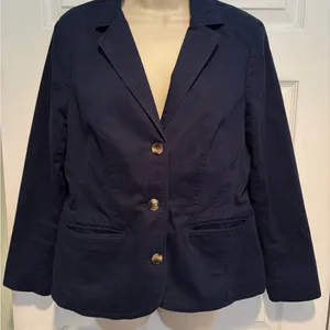 L.L.Bean Navy Blazer Jacket Women Medium Petite‎ Cotton Stretch Preppy Career thumbnail 2