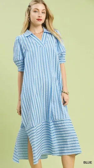 Umgee Striped Puff Sleeve Midi Dress - Blue - Small thumbnail 1