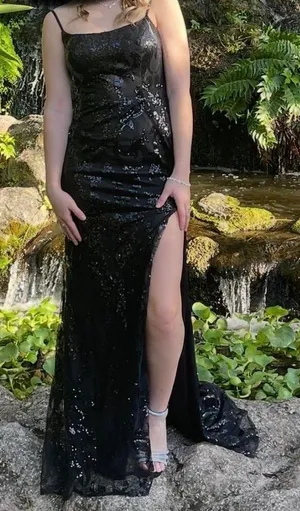 black sequin mermaid prom dress thumbnail 1