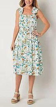 NWOT Linen Dress Blue Orange Floral Midi New Ruffle Sleeveless thumbnail 2