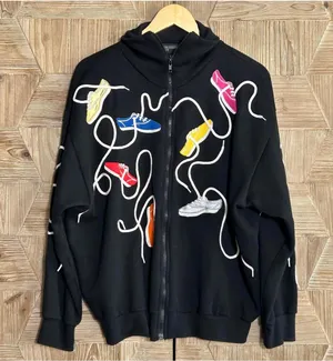 Vintage Spree Sport Black Zip Up Hoodie Size L Sneakers Laces Sweatshirt 90s thumbnail 1