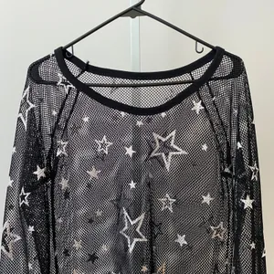 Goth Rave Goth Moody Feminine‎ L Black Mesh Star Print Top Sheer Celestial Rave thumbnail 2