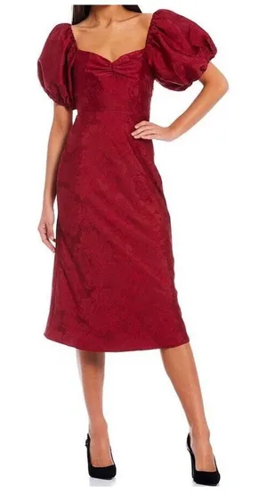 SACHIN & BABI‎ Dress Size 0 Cherry Red Gabby Puff Sleeve Midi Open Tie Back New thumbnail 1