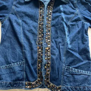 Vintage Y2K boho blue denim lightweight jacket with beaded & chain details large thumbnail 3