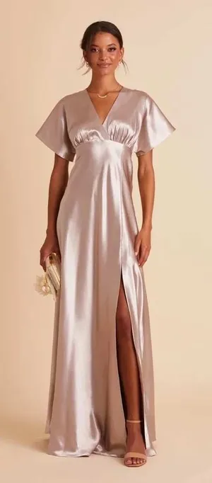Birdy Grey Jesse Satin Maxi Dress Taupe Pink Formal Flutter Slit Size L thumbnail 1