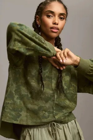 Anthropologie Pilcro Reworked Camo Sweatshirt Popover V-Neck Cropped Oversized thumbnail 1