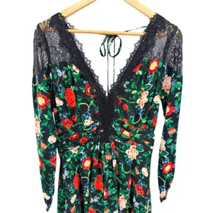 Anthropologie Black Floral Lace Trim V-Neck Long Sleeve Mini Dress 8 Whimsygoth thumbnail 5
