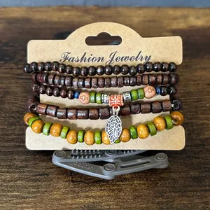 Boho Green and Brown Layered Beaded Bracelet with Leaf Charm thumbnail 2