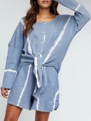 Free People Sleep Set Size XS Blue‎ Combo Rib Long Sleeve Shorts Outfit Coquette thumbnail 1