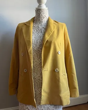 Mango Suit Mustard Yellow Double Breasted Blazer Business Casual Quirky sz 2‎ thumbnail 1