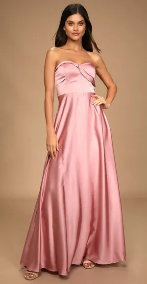Lulus Maxi Dress Real Romantic Light Rose Pink Satin Strapless Flowy Size S thumbnail 1