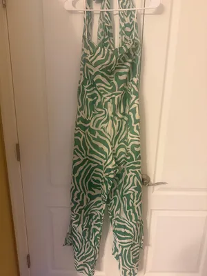 Very Classy Green Zebra-Print Halter Wide-Leg back less Jumpsuit by Lime Lush! thumbnail 3