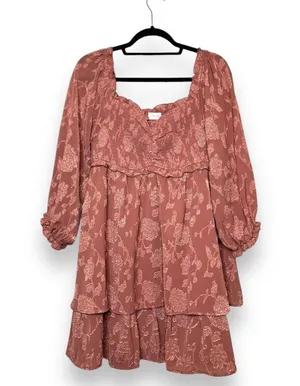 Pink Lily | Textured Floral Long Sleeve Cinched Bust Smocked Mini Tiered Dress L thumbnail 2