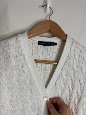 Ralph Lauren Off White Classic Cable-Knit Cardigan Short Sleeve Sweater size S thumbnail 3