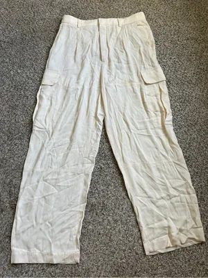 Zara Cream Cargo Trousers Casual Wide Leg Neutral Casual Large thumbnail 1