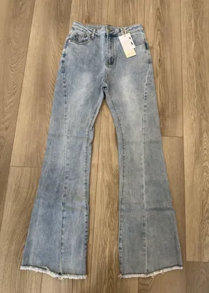 Commense Y2K Style Stretch Boho Flare Raw Hem Blue Jeans NWT Small thumbnail 1