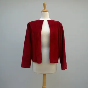VTG 80s Suede Leather Jacket M Red Open Front Pleated Shoulder Bold Chic Casual thumbnail 2