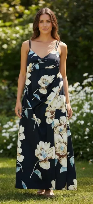 Lulu's Navy Floral Slip Maxi Dress with Cream & Pale Blue Blooms thumbnail 1