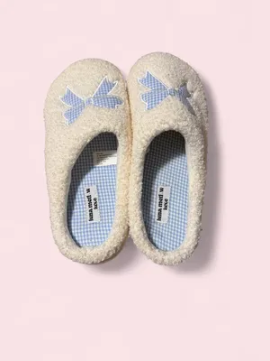 Plush Cream Sherpa Slip-On Slippers with Light Blue Gingham Bow thumbnail 4