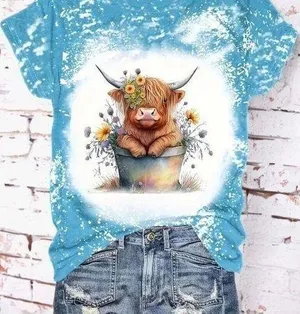 Cow & Floral Print T-shirt Short Sleeve Crew Neck Top Spring & Summer L NEW thumbnail 1