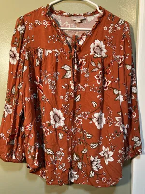 Loft Women's Size Large Petite Blouse Orange White Floral Button Down Ruffle‎ thumbnail 3