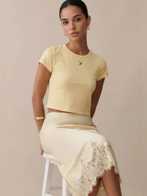 NWT Evren Silk Midi Skirt size Small S Lace trim butter yellow o.p.t thumbnail 3