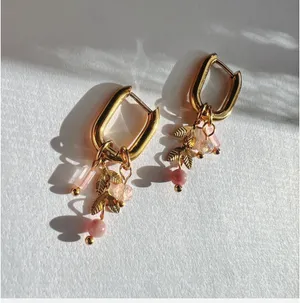 Gold dainty earring with pink charms leaves removable multiway to wear them thumbnail 2