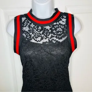 BAKU Fitted Black Lace Midi Dress Red Stripe Trim S thumbnail 2