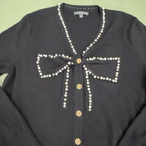 Adrianna Papell Black Pearl Rhinestone Bow Cardigan Sweater Gold Buttons Large thumbnail 4