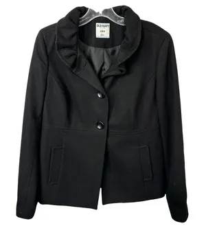 Old Navy Medium Coat Wool Black‎ Ruffle Collar Jacket Womens Pockets Pea C thumbnail 1