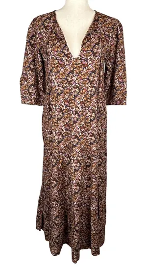 Natural‎ Life Floral Print Boho Tiered Maxi Dress Size XS/S Tie Neck 3/4 Sleeve thumbnail 1