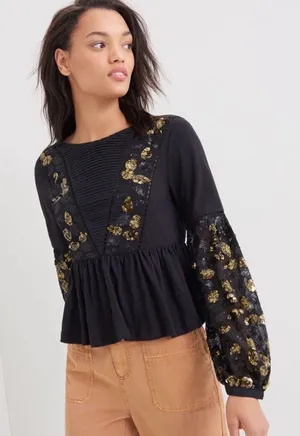 Anthropologie Neale Sequined Peplum Top blouse boho cottagecore M black thumbnail 1