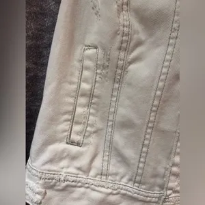 Free‎ People Knit Sleeve & Knit Hood Distressed White Denim Jean Jacket Size XS thumbnail 9