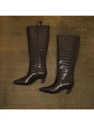NWT INC International Concepts Knee High Boots Kitten Heels Brown Croc 7M thumbnail 2