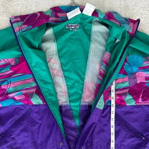 Vinatge 90s Reebok Windbreaker Cinch Waist Full Zip Green/Purple Abstract Design thumbnail 4