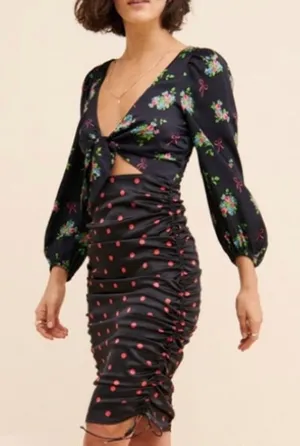 For Love‎ & Lemons Wilson Print Dress Small Black Floral Polka Dot Ruched Mini thumbnail 1