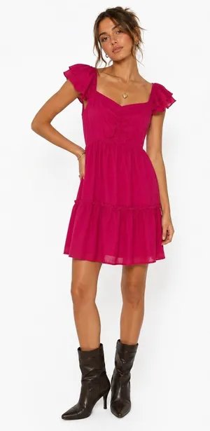 Altar'd State Ruffle Tiered Flutter Sleeve Mini Dress Magenta Pink Feminine Sz M thumbnail 1