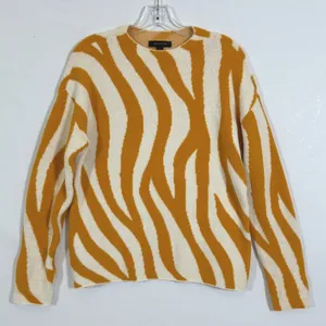 Ann Taylor Womens S Mustard Yellow Cream Zebra Print Fuzzy Crewneck Sweater thumbnail 1